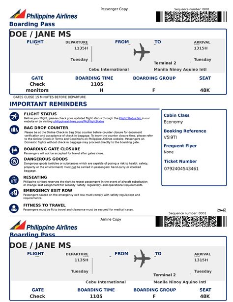 Plane Ticket Template 07 Passenger Copy Sequence Number 0001 Boarding Pass Doe Jane Ms