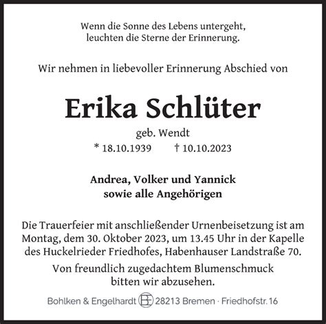 Traueranzeigen Von Erika Schl Ter Trauer Gedenken