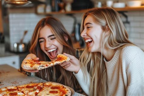 Premium Photo Two Women Are Eating Pizza Together In A Kitchen