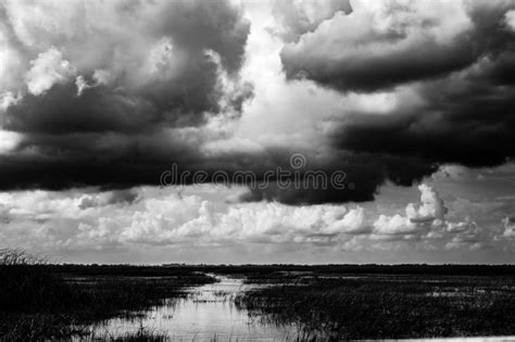 Cloudy Skies Above The Open Florida Everglades Grasslands With Pathway