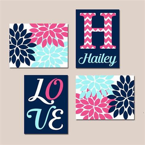 Navy Pink Aqua Nursery Decor Girl Monogram Art Baby Girl Wall Art