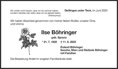 Trauer Ilse Böhringer 28 06 2023 Teckbote Trauerportal