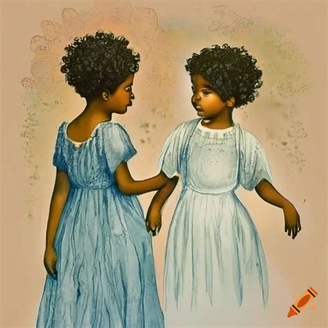 Illustration Of Two African American Girls In White Dresses Holding