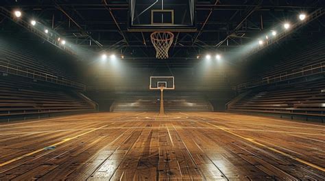 A Basketball Court Indoor Stadium The Wooden Floor Empty Basketball