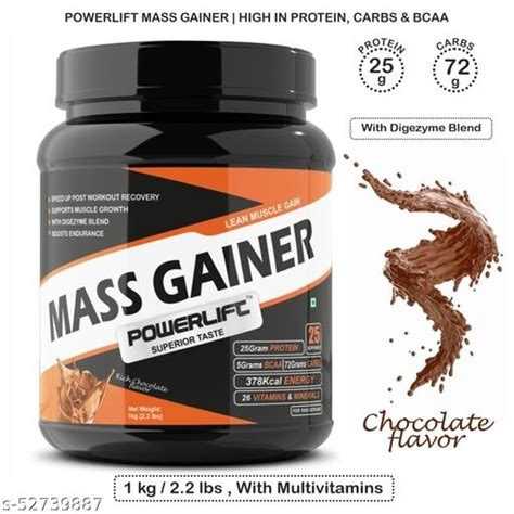 Powerlift Mass Gainer 1kg Rich Chocolate 25g Protein 72g Carbs 5g Bcaas Raw Whey From