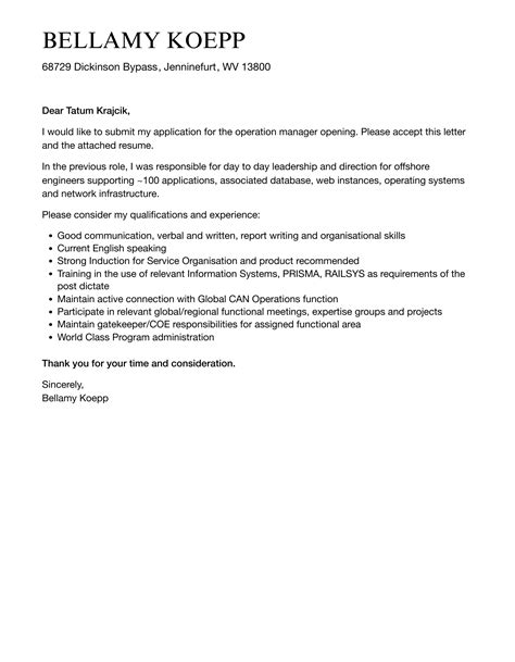 Operation Manager Cover Letter Velvet Jobs