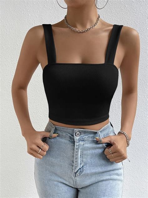 Shein Sxy Top Tank Crop Unicolor Shein Usa Black Crop Top Tank Crop