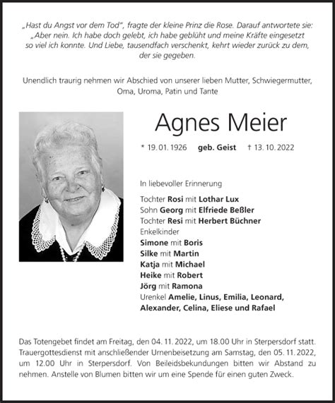 Agnes Meier Traueranzeige Trauer Infranken De