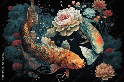 Floral Koi Fish Painting Digital Art In A Pond Generative Ai Stock