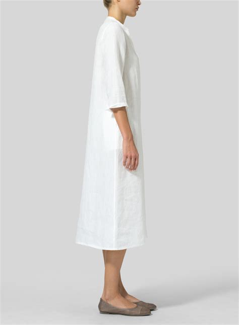 Linen V Neck Mandarin Collar Dress Tunic