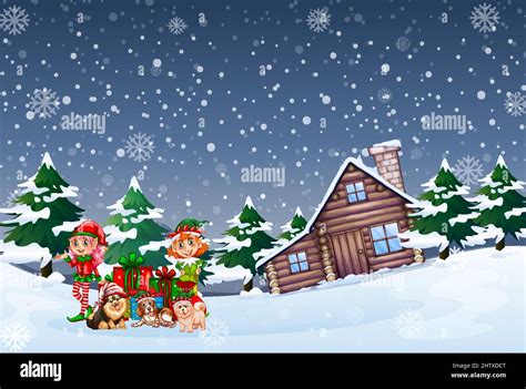 Snowy Night Scene With Elf And Dogs In Cartoon Style Illustration Stock