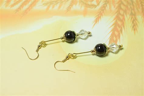 Boucles D Oreilles Pendantes Perle Pendentif En Verre Uni Noir Et