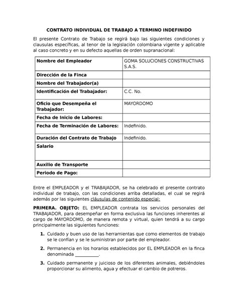 Contrato A Termino Indefinido Modelo Mayordomo Contrato Individual De