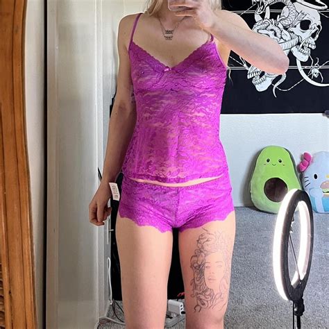 Neon Pink Purple Lacey Lingerie Set Size Depop