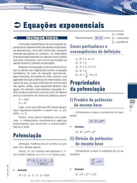 Segundo 1 Equaçao Exponencial E Funçao Exponencial Pdf Exponenciação Equações