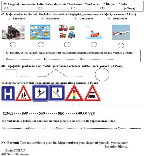 4 Sınıf Trafik Güvenliği 1 Dönem 2 Yazılı Sınav Soruları Ödev Arşivim