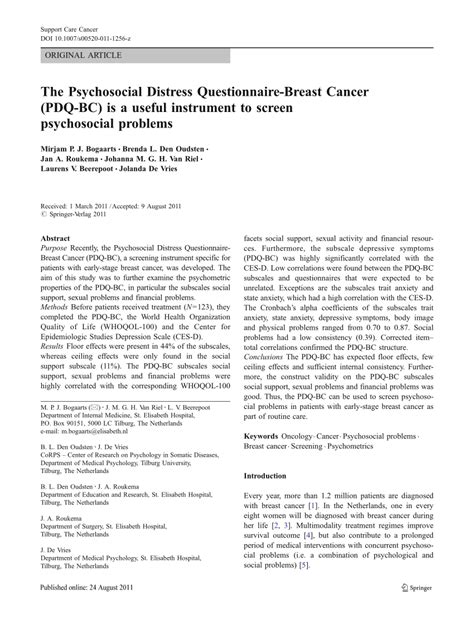 Pdf The Psychosocial Distress Questionnaire Breast Cancer Pdq Bc Is A Useful Instrument To