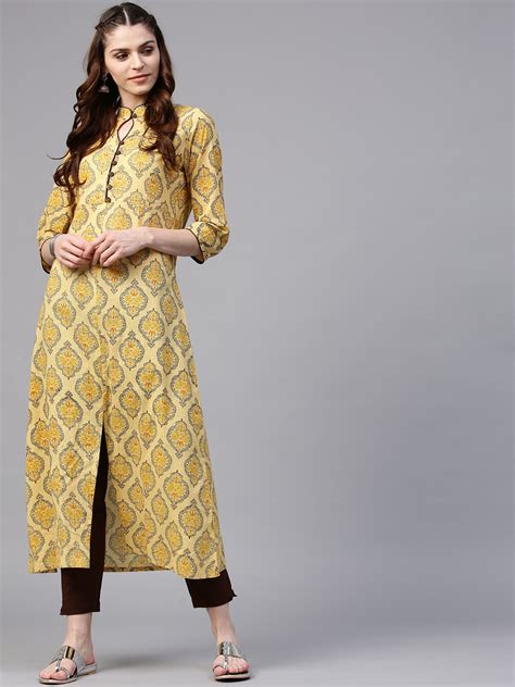 Buy Jaipur Kurti Women Yellow And Brown Printed Kurta With Trousers Kurta Sets For Women 2529286