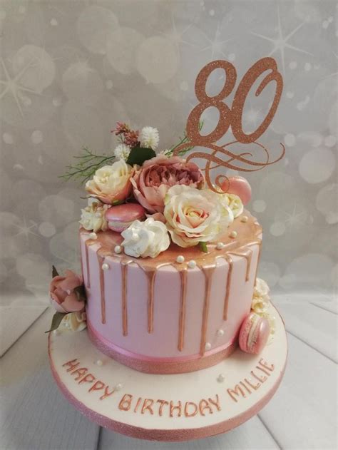 80th Rose Gold Drip Cake With Artificial Flowers And Macarons 80