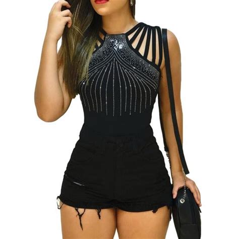 Cheap Women Sexy Sleeveless Shoulder Bandages Beads Decor Slim Plus