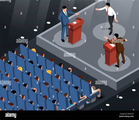 Isometric Political Debate Concept With Politicians Speaking In Front