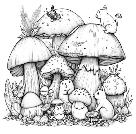 A Drawing Of A Group Of Mushrooms And A Squirrel Generative Ai Premium Ai Generated Image