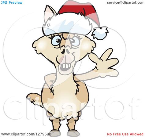 Clipart Of A Friendly Waving Alpaca Wearing A Christmas Santa Hat Royalty Free Vector