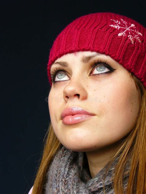 Girl In A Red Cap And A Knitted Scarf Stock Photo Image Of Face