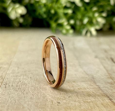 Rose Gold Wood Meteorite Ring Tungsten Carbide Wedding Band Etsy