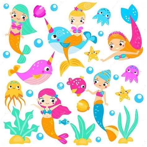 Cute Mermaids Cartoon Mermaid Narwhals Fishes And Other Underwater