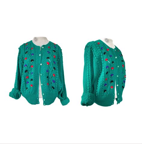 Vintage Emerald Green Wool Cardigan Embroidered Flowers Etsy