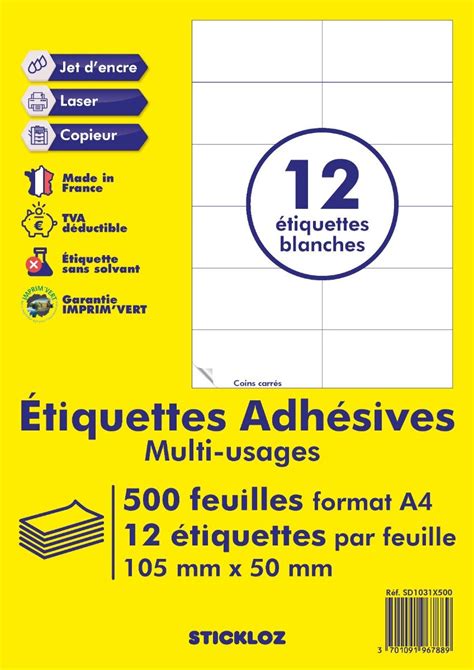 500 planches a4 12 étiquettes 105 mm x 50 mm autocollantes blanche