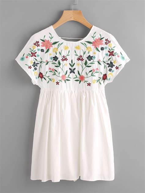 Lace Up Back Embroidery Smock Dress Shein Sheinside