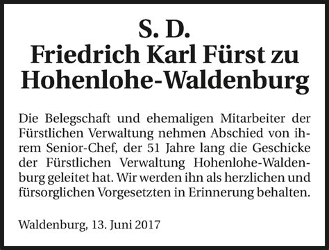 Traueranzeigen Von Friedrich Karl F Rst Zu Hohenlohe Waldenburg