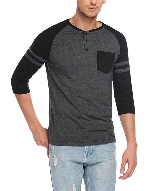 Men Raglan 34 Sleeve Contrast Color Pocket Henley T Shirt Blackdark