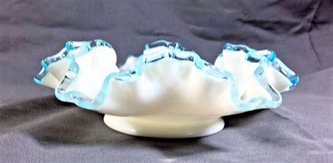White Opalescent Milk Glass Candy Dish With Ruffled Light Blue Trim