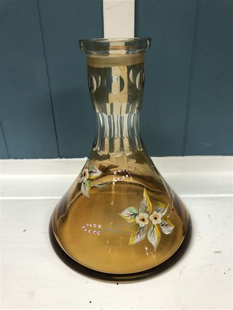 Vintage 9 5” Amber Glass Decanter 3d Hand Painted Flowers Gold Trim Ebay