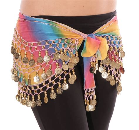 Rainbow Blue Chiffon Belly Dance Hip Scarf With Beads And Gold Coins