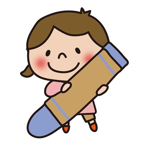 大きなクレヨンを持った子供（女の子1）の無料フリーイラスト かわいい手描きの無料素材「てがきっず」保育園・小学校・介護施設にぴったりの