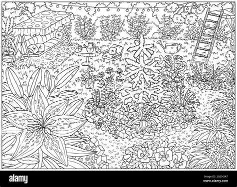 Page De Coloriage Noir Et Blanc Avec Fleurs Et Objets De Jardin Vintage