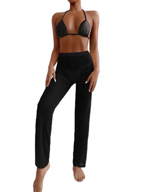 Liacowi Women Sexy See Through Mesh Sheer Bikini Set Long Pants Set Cover Up Piece Swimsuit