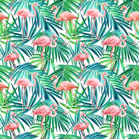 Palm Leaves And Flamingo Tropical Birds On White Background