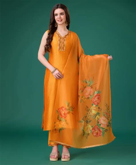 Buy MOJILAA Women S Orange Vichitra Silk Embroidered Kurta With Pant