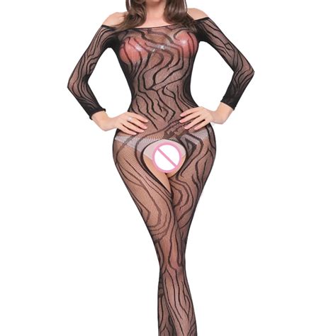 Sleepwear Fishnet Long Sleeve Lingerie Crotchless Teddy Cat Jump