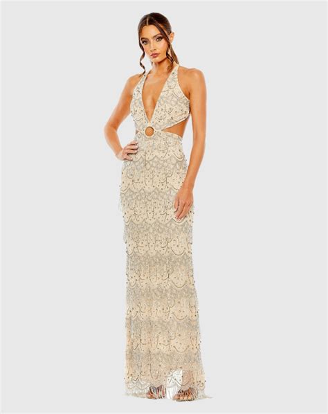 Mac Duggal Open Back Cut Out Fringe Embellished Gown In Nude Modesens