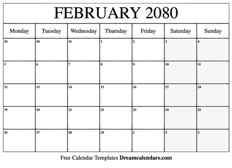 February 2080 Calendar - Free Printable with Holidays and Observances