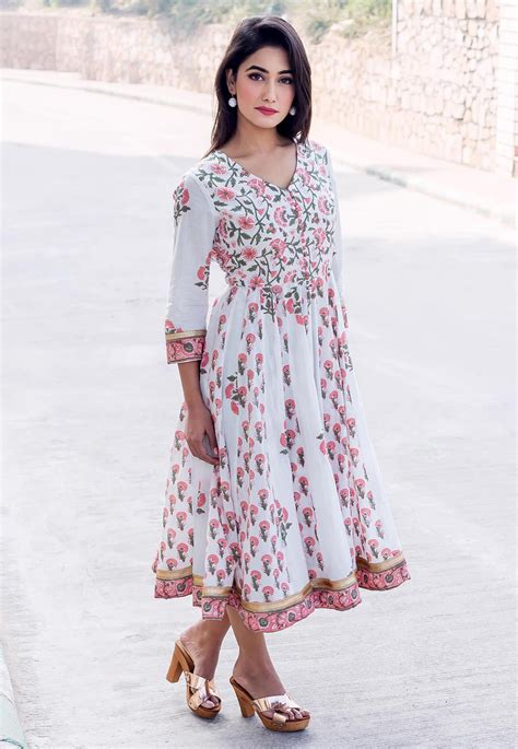 Buy Block Printed Cotton Anarkali Kurta In White Online Tqm477