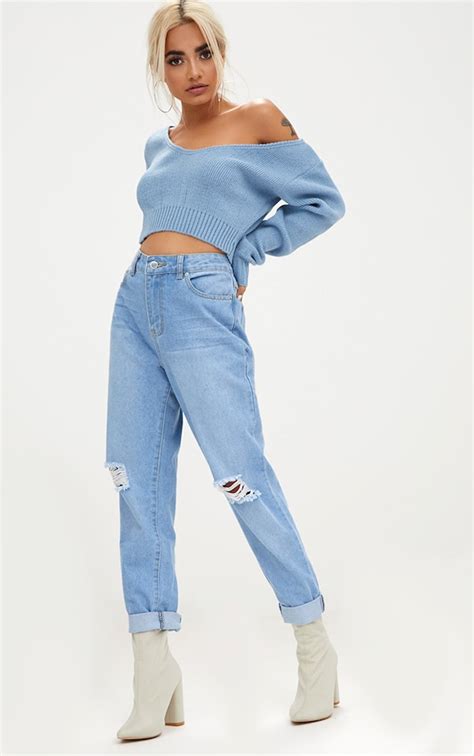 Adelaida Dusty Blue Off Shoulder Knitted Crop Sweater