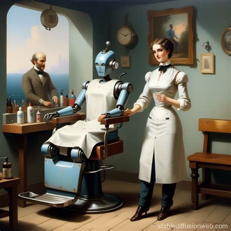 Female Robot Barber Portrait With Man On Bench Stable Diffusion Online