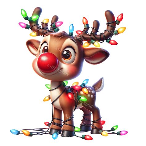 Reindeer Christmas Lights Clipart PNG Playful Reindeer With Red Nose